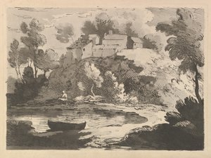 Hilly River Landscape, a Boat in the Water at Foreground Left, a Figure on the Far Shore... by Thomas Rowlandson
