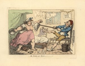 Husband Holding Off His Angry Wife with Mop