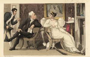 Johnny Interrupts an Argument Between Guests at a Party in a Regency Parlour