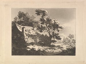 Landscape with Cottage Among Trees at Left, and a Distant Church Spire at Right by Thomas Rowlandson