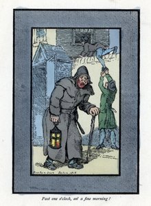Night watchman with his lantern and stick, inattentive to two burglars entering a house behind him (1819). Wood engraving, based on a painting by Thomas Rowlandson (1756-1827) by Thomas Rowlandson