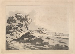 Open Landscape with Three Horsemen in the Middle Distance Heading to the Right