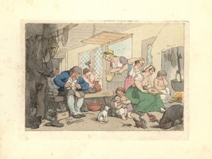 Regency Cobbler Mending Shoes in a Crowded Room by Thomas Rowlandson