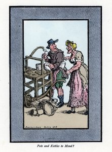 Roaming and client retamer showing the bottom of a pot. He hits a metal pot with a hammer on a portable bench. Wood engraving, based on a painting by Thomas Rowlandson by Thomas Rowlandson