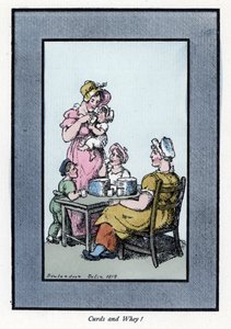 Sitting woman selling quail milk and milk to a mother and children. Wood engraving, based on a painting by Thomas Rowlandson by Thomas Rowlandson