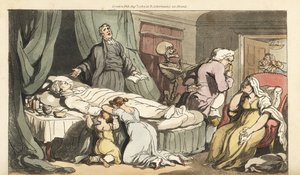 The Skeleton of Death Comes for the Doctor, as the Priest Prays Over the Dead Body of a Good Man Mourned by His Wife and Child by Thomas Rowlandson