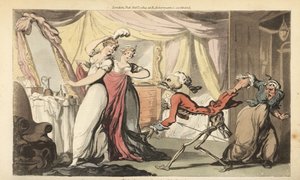 The Skeleton of Death with His Hourglass Comes for a Beautiful Coquette in Her Bedroom as She is Dressed for a Ball by Her Servants