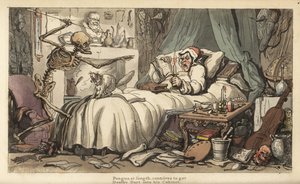 The Skeleton of Death with the Antiquarian Hoarder in a Bedroom Filled with Musical Instruments, Books, Manuscripts, Armour, a Globe, a Bust, Rats, etc. (Handcoloured Copperplate by Thomas Rowlandson) by Thomas Rowlandson