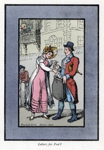 Woman paying and putting a letter in a bag carried by a British Royal Post Office employee. Wood engraving, based on a painting by Thomas Rowlandson (1756-1827) by Thomas Rowlandson