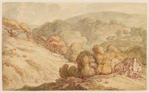 Wooded Hilly Landscape with Cottage and Figures by Thomas Rowlandson