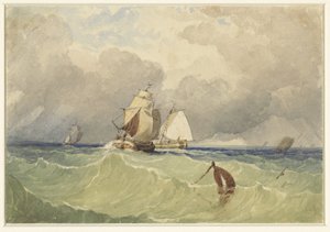 Three-Masters and Tjalk Sailing in the Open Sea by Thomas Sewell Robins
