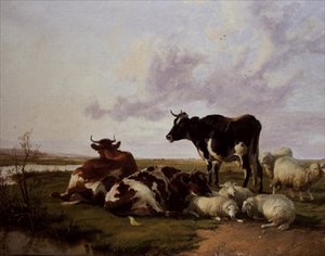 Cattle and Sheep Grazing by Thomas Sidney Cooper