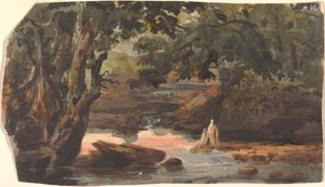 Two Figures in Stream, Bordered by Large Trees