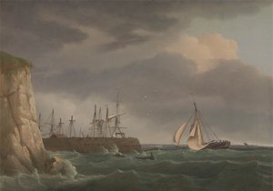 A Ship Running into Harbour with Other Craft at a Jetty