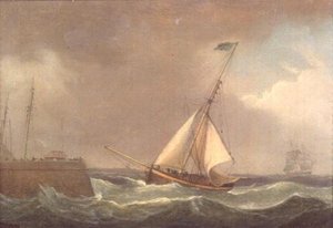 An Indiaman at anchor by Thomas Whitcombe