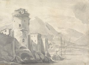Fortified Buildings Rising Steeply from a River Bank (in Italy ?) with Boat Centre and Distant Mountains