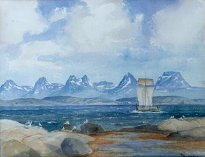 Northern Fishing Boat in Fjord Landscape by Thorolf Holmboe