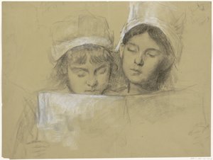 Two Girls with White Caps Reading a Book