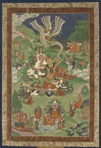 Thangka with Scenes from the Life of the Buddha by Tibetan culture.