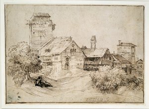 Alpine Village and Lovers Embracing by Titian (c.1488 1576) (after)