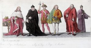 Nobles Venetians (Doge, Page and Senator). Engraving inspired by Tiziano Vecellio known as Le Titian (1485-1576) and replicated in the mosaics of the Basilica of Saint Mark. In 