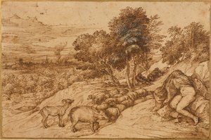 A Woody Landscape with a Nude Woman, Her Head Concealed by a Cloak by Titian (c.1488 1576)