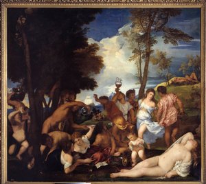 Arrival of Bacchus on Andros Island. Image depicting Fete of satires and bacchantes in honor of the divinity Bacchus. Painting by Tiziano Vecellio called the Titian