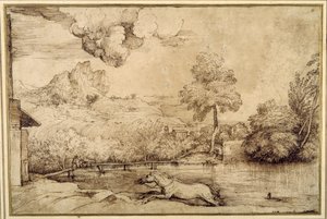 Landscape: a riderless horse pursued by a serpent by Titian (c.1488 1576)