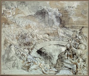 Wars of Italy: The Battle of Cadore - Battle that in circa 1508 the town of Pieve di Cadore allied with the Venetians with the troops of Maximilian I of Habsburg. Drawing with black stone and washing by Titian by Tiziano Vecelli