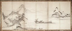 Travellers on a lakeside bridge, c.1700