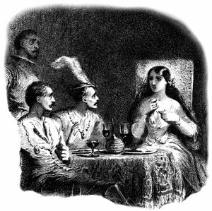 A young woman and three men standing in front of glasses of wine (detail) by Tony Johannot