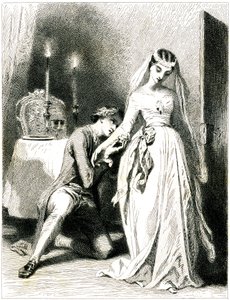 Sighing lover knees at the feet of his beautiful engagement in a candle-light interior - girl in romantic dress and hairstyle - engraving by Tony Johannot by Tony Johannot