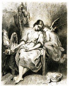 Young woman (spinner) sleeping by her wheel - an angel leans over her shoulder - sleep - dream - reverie - love by Tony Johannot
