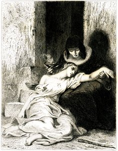 Young woman visibly suffering (sick) slamed on the knees of an older woman who makes her take a potion (medicine) (etching) by Tony Johannot