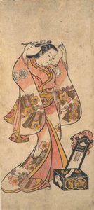 Sanjo Kantaro as a Woman Arranging Her Hair Before a Lacquer Mirror