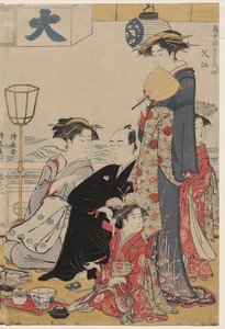 Entertainment on a Balcony by the Water at Nakasu, from the series, A Collection of Beautiful Modern Women of the Pleasure Quarters by Torii Kiyonaga