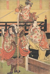 On a Balcony a Woman is Seated Playing a Tsuzumi, below a Man in Daimyo Costume is Seated, ca. 1790 by Torii Kiyonaga