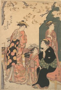 Portrait of the Courtesan Nioteru of the Ogiya, with Her Two Attendants Namiji and Ao by Torii Kiyonaga