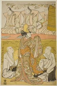 The Actor Nakamura Nakazo I as the Shirabyoshi Katsuragi, Matsumoto Koshiro IV as the monk Meigetsubo, and Otani Hiroji III as the monk Izayoibo, in the play 