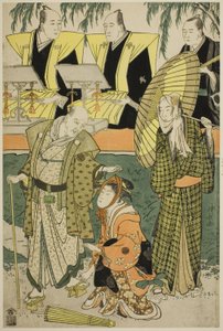 The Actors Bando Matakuro IV as Chubei, Osagawa Tsuneyo II as Umegawa, and Nakamura Katsugoro as Magoemon, in the play "Keisei Koibikyaku," performed at the Morita Theater in the fifth month, 1783