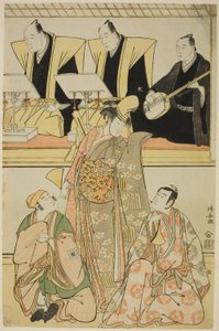 The Actors Nakayama Kojuro VI as Chidori, Sawamura Sojuro III as Shigemori, and Ichikawa Yaozo III as Yoshibei, in the Shosa "Fukyoku Edo Geisha," Performed at the Nakamura Theater in the Eleventh Month, 1785