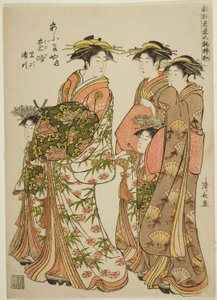 The Courtesan Toji of the Ogiya with Her Attendants Satoji and Uraji, from the series "Models for Fashion: New Designs as Fresh as Young Leaves" by Torii Kiyonaga