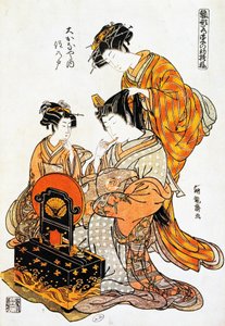 Woman in front of mirror while having her hair combed, ukiyo-e art print by Torii Kiyonaga