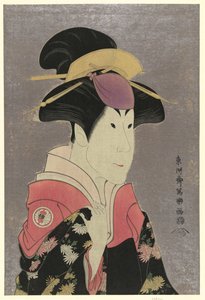 Segawa Tomisabur, an actor, head-and-shoulders portrait, facing right, in the role of Yadorigi, the wife of Ogishi Kurando by Toshusai Sharaku