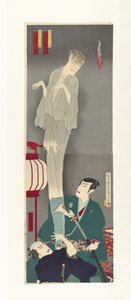 Nakama Gonbee and Kanbara Mikinosuke with the Ghost of Sajiro by Toyohara Kunichika