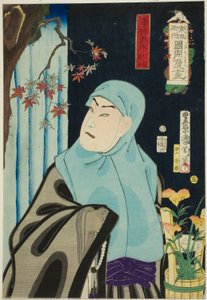 The Actor Sawamura Tossho II as Karukaya Doshin, No. 5 from the series "Flowers of Tokyo: Caricatures by Kunichika" by Toyohara Kunichika