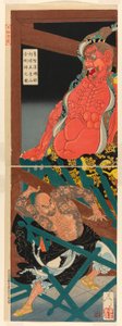Lu Zhishen in a Drunken Rage Attacking the Guardian Figure at the Temple on Mount Godai by Tsukioka Yoshitoshi
