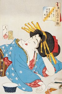 Moment of relaxation, Face of Kansei period Geisha from Kyoto, Illustration by Tsukioka Yoshitoshi from Thirty-two aspects of customs and manners, Japanese civilization by Tsukioka Yoshitoshi