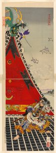 The Two Brave Men Inuzuka Shino and Inugai Genpachi Battling on the Roof of Horyukaku