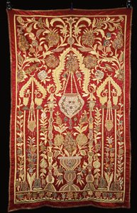 A Prayer Arch of Red Satin, Embroidered in Gilt and Silver Threads and Applique with Brocades